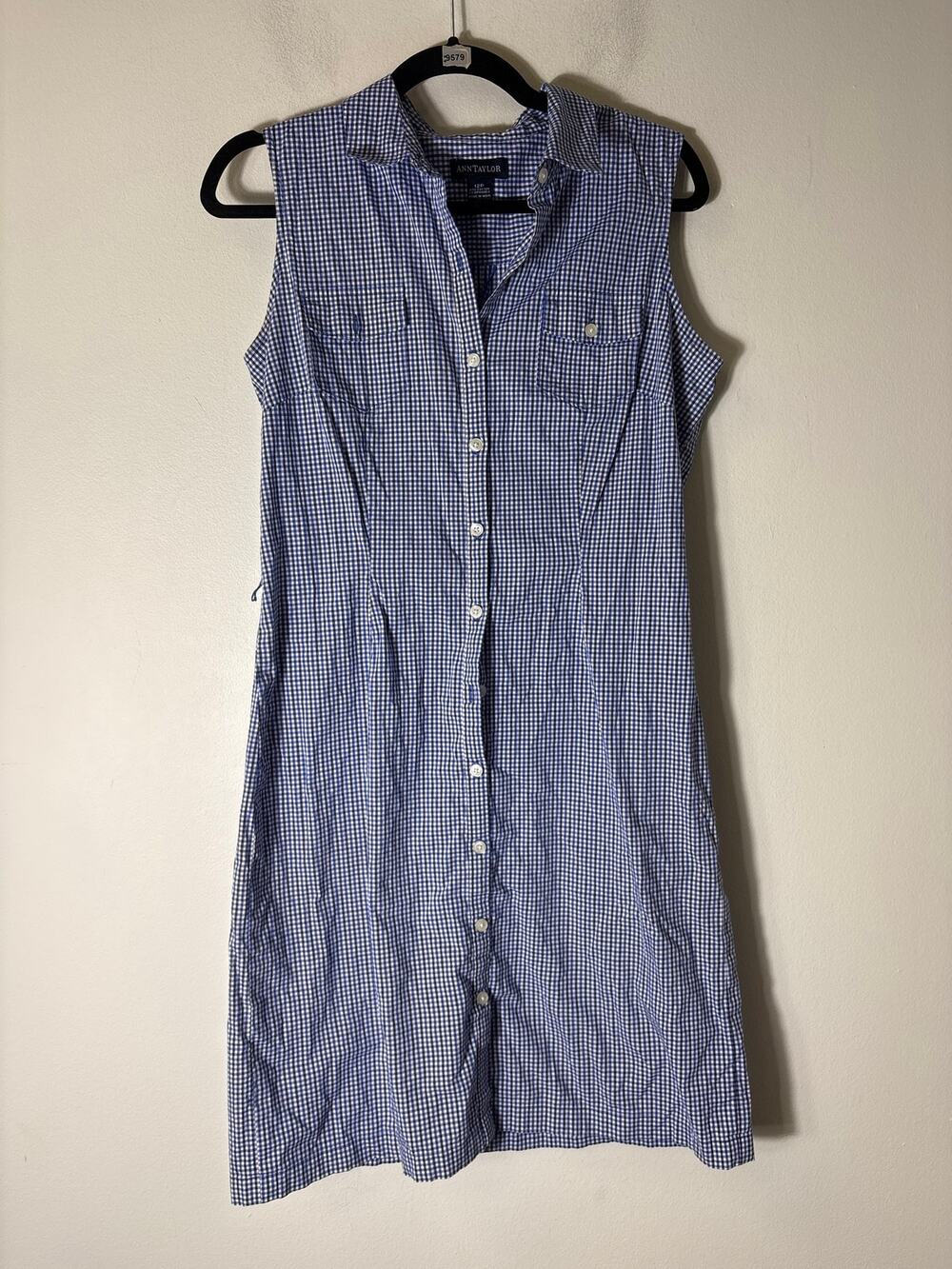 Ann Taylor Blue Checked Sleeveless Button Up Shirt Dress Sz 12P